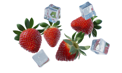 Fresh Strawberries and Ice Cubes Falling on White Background Food Photography, Culinary, Refreshing Summer Image