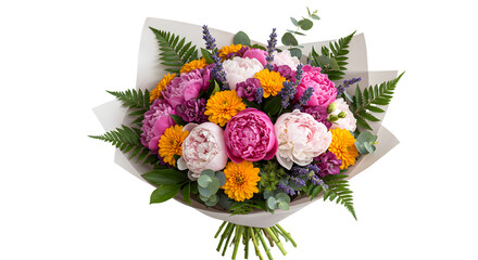Obraz premium Bright bouquet of fresh pink peonies, marigolds, and purple flowers with green leaves, perfect for spring gifts or celebrations