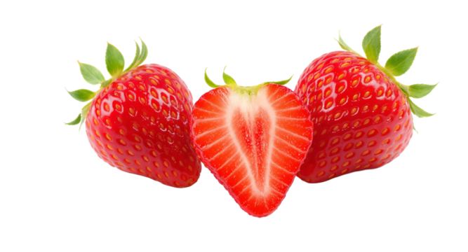 Fresh Strawberries Cut and Whole Fruits Isolated on White Background