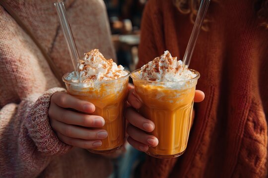 Two women holding pumpkin spice lattes with whipped cream in warm sweaters