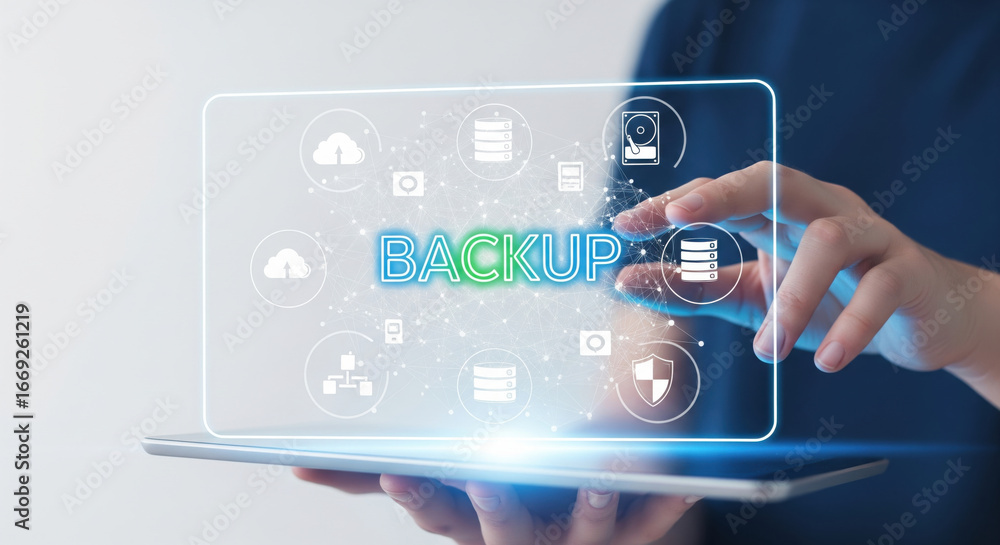 Poster backup data technology digital security storage cloud server futuristic innovation concept with pers