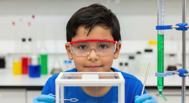 A young boy wearing safety glasses and gloves looks at the camera in a science laboratory - Powered by Adobe