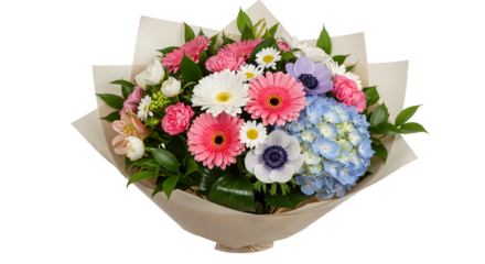 Colorful bouquet with daisies, gerbera, hydrangeas, and anemones wrapped in beige paper, perfect for gifts and celebrations