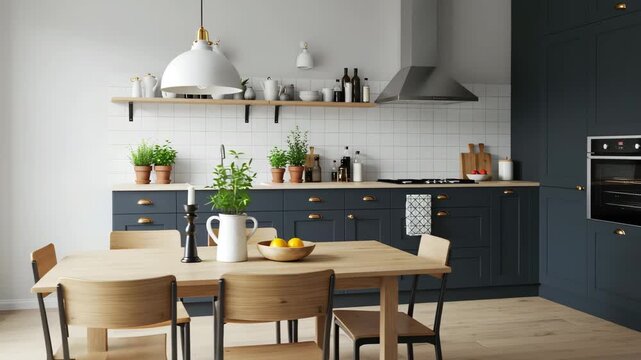 Modern Dark Blue Kitchen with Wooden Countertops and Dining Area