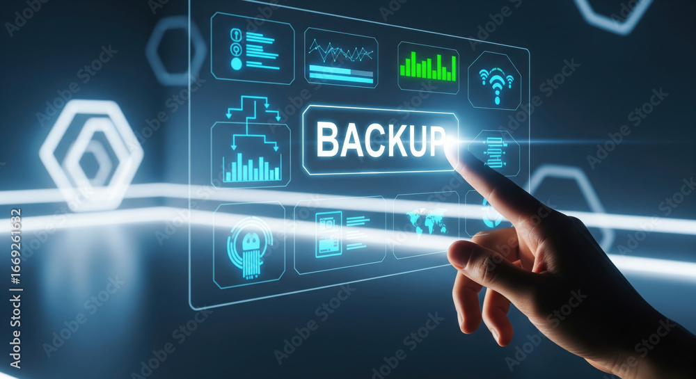 Poster backup data technology digital hand touchscreen interface futuristic security storage innovation con