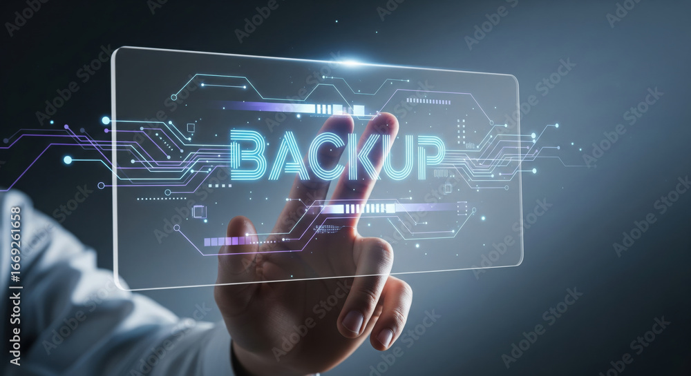 Poster backup data protection technology digital interface, hand touching virtual screen, futuristic cyber 
