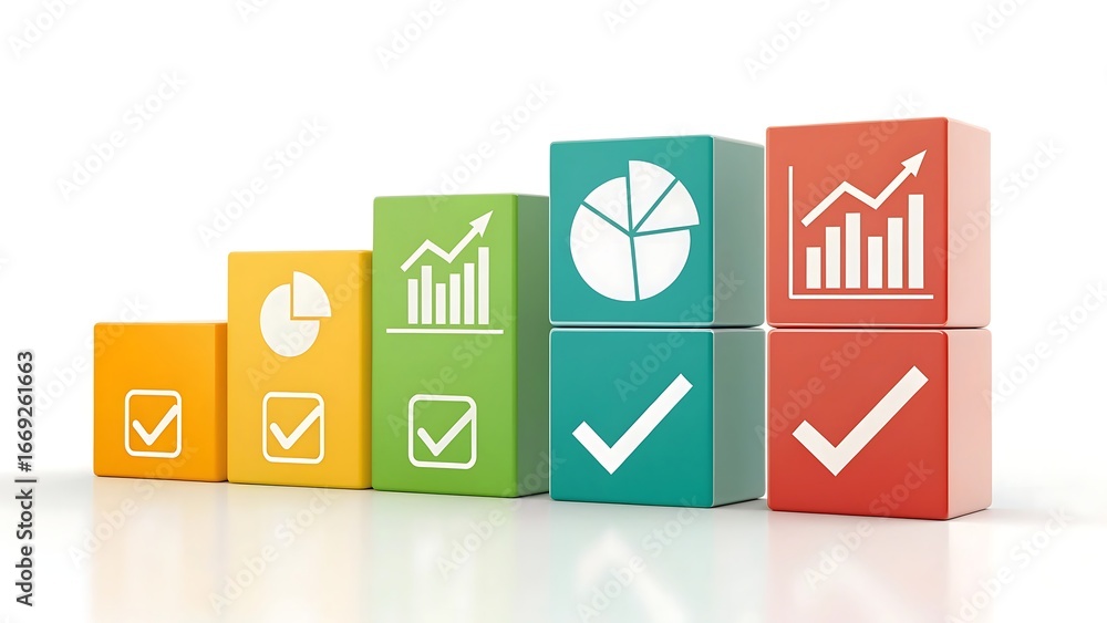 Poster colorful 3d blocks displaying financial charts and checkmarks arranged in a rising bar graph formati