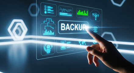 Backup data technology digital hand touchscreen interface futuristic security storage innovation concept glowing network protection information system modern virtual safety communication