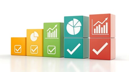 Colorful 3D blocks displaying financial charts and checkmarks arranged in a rising bar graph formation on a white background