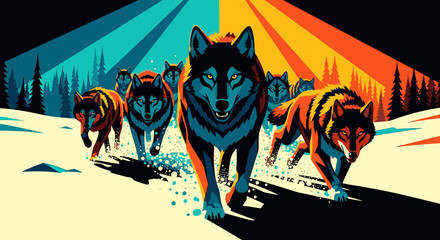 Fototapeta premium A stylized illustration of a wolf pack running through a snowy landscape under a dramatic, colorful sky.