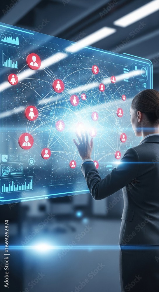 Aufkleber businesswoman digital screen network data futuristic technology connection interface innovation offi