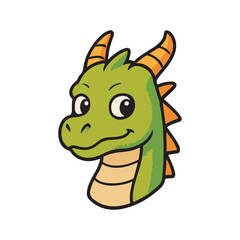 Cute Handdrawn Friendly Green Dragon Head Face Cartoon Illustration