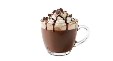 Hot Chocolate Drink in Glass Mug with Whipped Cream and Chocolate Shavings Winter Beverage Photography