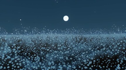 A vast field of delicate, light-blue flowers under a luminous moonlit night sky.