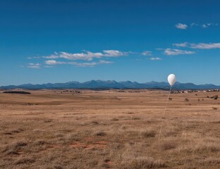 A solitary white balloon floats over a vast, dry landscape