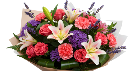 Bouquet of fresh mixed flowers including lilies, roses, carnations, and purple filler flowers, beautifully arranged and wrapped, perfect for gifts or special occasions