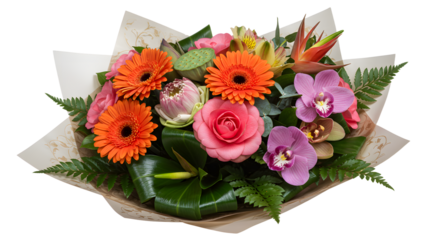 Bright floral bouquet with orange gerbera daisies, pink rose, purple orchids, and tropical flowers, perfect for special occasions and celebrations