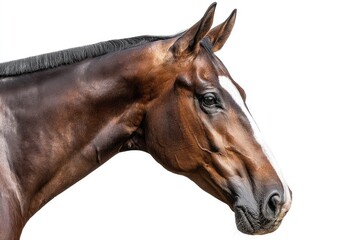 Obraz premium Close-up profile of a brown horse's head and neck against a plain white background, showcasing intricate details of the horse's coat and facial features.