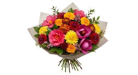 Colorful bouquet of fresh pink roses, marigolds, and yellow chrysanthemums wrapped in beige paper, perfect for gift giving and special occasions