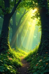 Golden sunlight streams through the leaves of a lush green forest, dappling the forest floor A magical, peaceful scene perfect for nature lovers and fantasy settings , sunlight, summer, bokeh