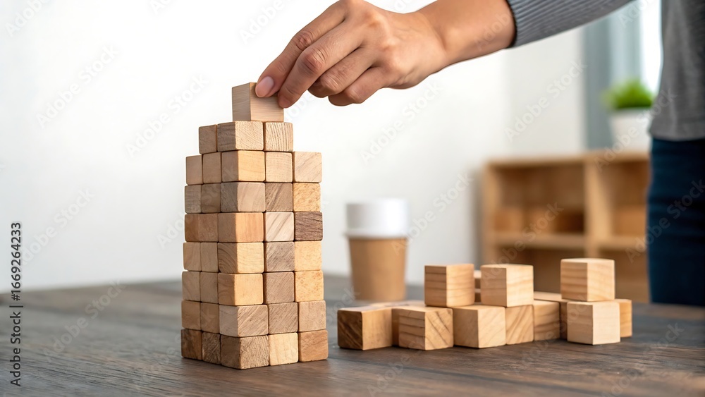 Poster hand stacking wooden blocks to build a tower on a table building