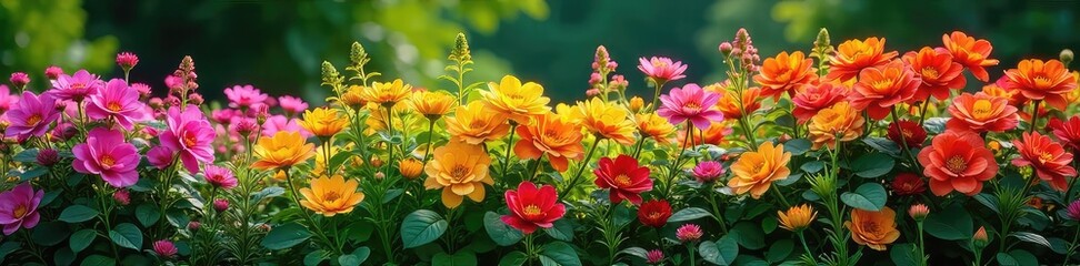 Lush, vibrant foliage flowerbed overflowing with colorful blooms, creating a stunning natural display Perfect for garden, nature, and landscaping themes , outdoor, summer, outdoor scene