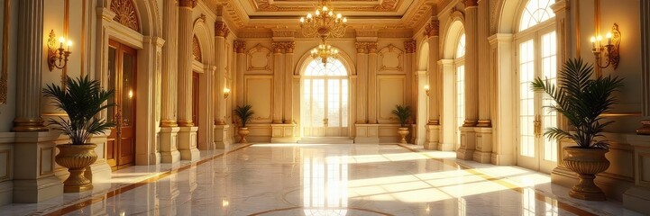 Obraz premium Luxurious golden foyer, gleaming marble floors reflecting sunlight streaming through a large window, elegant chandelier overhead, ornate details throughout , elegant, room