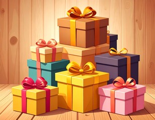 Fototapeta premium Colorful gift boxes stacked high on a wooden surface, decorated with ribbons and bows.