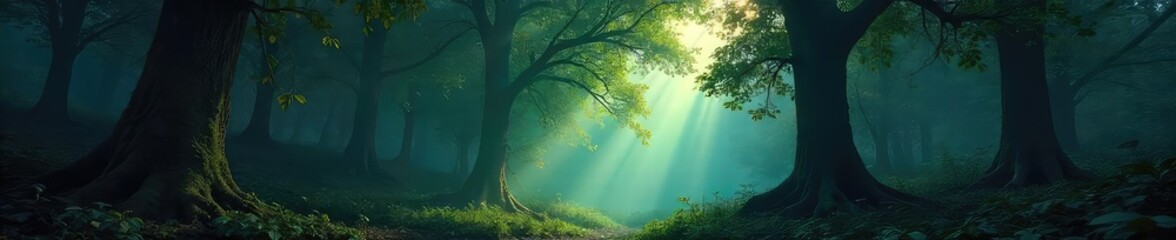 Fototapeta premium Eerie Twilight Shadows in an Ancient Forest Mysterious Sunlight Filters Through Dense Canopy, Creating a Quiet, Atmospheric Scene of Deep Woods Mystery