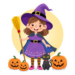 Smiling girl in purple witch costume holding broom, standing with black cat and three jack-o’-lanterns