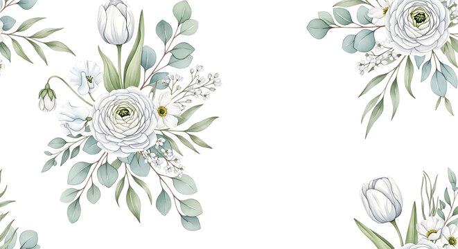 Delicate floral pattern featuring white tulips, ranunculus, and eucalyptus foliage. Ideal for wedding invitations, greeting cards, and spring themed designs.