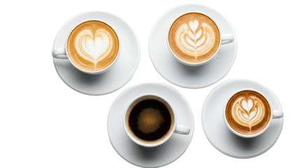 Overhead View of Coffee Cups with Latte Art and a cup of Black Coffee on a White Surface