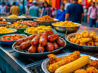 Obraz premium Skewered sausages grilling at food market with people surrounding stall