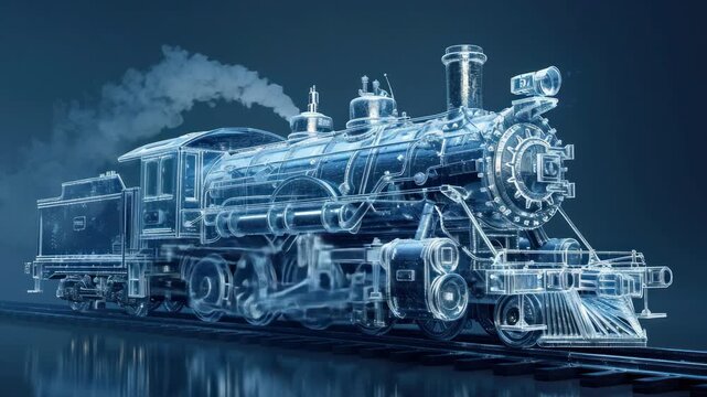 A 3D-rendered, transparent steam train on tracks, viewed from a low angle. The style is futuristic, ideal for a video on technology or innovation. Live desktop wallpaper.