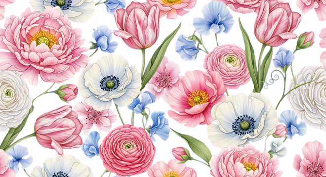 Watercolor floral pattern with pink tulips, ranunculus, anemones, and blue forget-me-nots on a white background, ideal for textile design, wallpaper, or springtime greeting cards