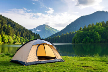 camping in the mountains, lake, Camping outdoor. Camping leisure and destination travel. © Saichol