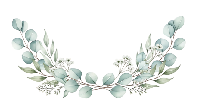 Delicate watercolor eucalyptus and floral arrangement featuring soft pastel hues for wedding invitations, greeting cards, and elegant botanical designs