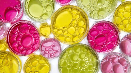 A close-up macro shot of a colored circular glass plate with oil and blisters on a pastel background, and a colored petri dish with liquid inside.