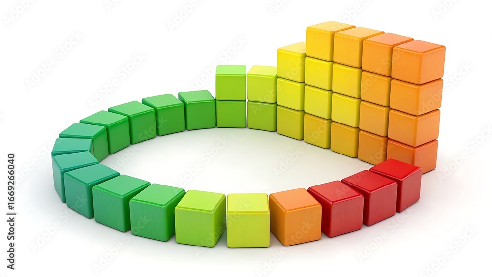 Poster colorful 3 d cubes arranged in a circular graph with rising bars on a white background block buildin