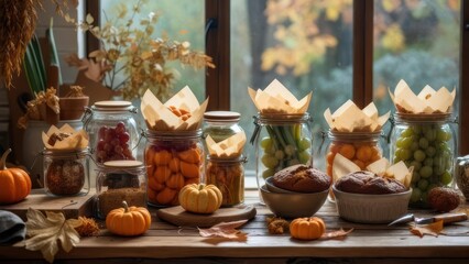 Abundant Autumn Harvest Preserved in Glass Jars with Rustic Breads and Gourds