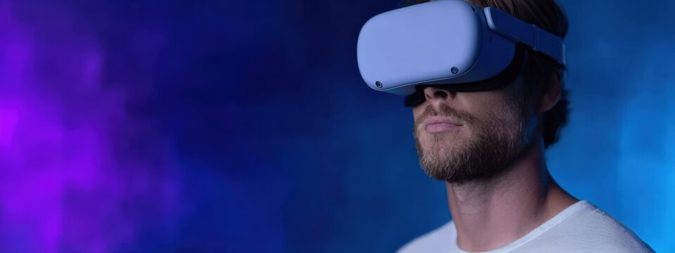 Young man wearing a virtual reality headset exploring in a colorful environment