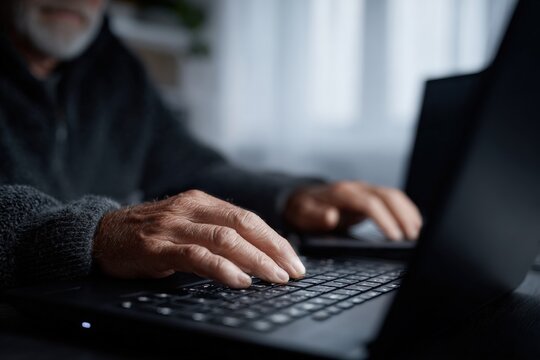Wrinkled hands of an elderly man typing on a laptop keyboard, engaging in online work or searching for information in a cozy home office