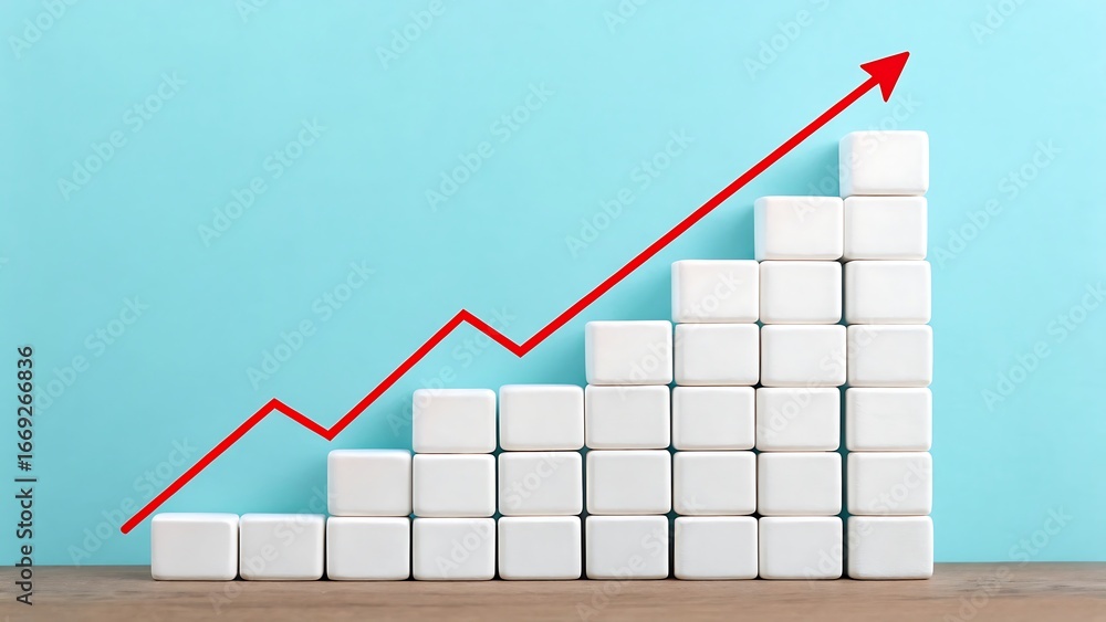 Aufkleber white cubes stacked in ascending steps with a red line graph showing upward trend against a turquois