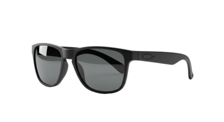 Black classic wayfarer sunglasses with dark lenses isolated on white background, perfect for summer outfits and outdoor activities
