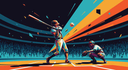Dynamic, colorful illustration of a baseball batter hitting a ball during a game in a packed stadium at night.