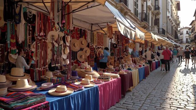 Street vendors are selling hats, jewelry, and textiles at their stalls in a cobblestone street, creating a vibrant and bustling market atmosphere