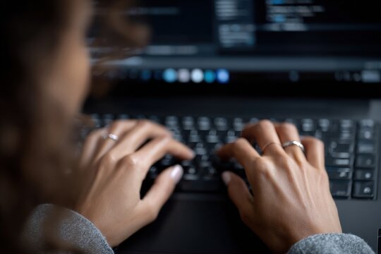 Software developer working on a new project, typing on a laptop keyboard with code displayed on the screen