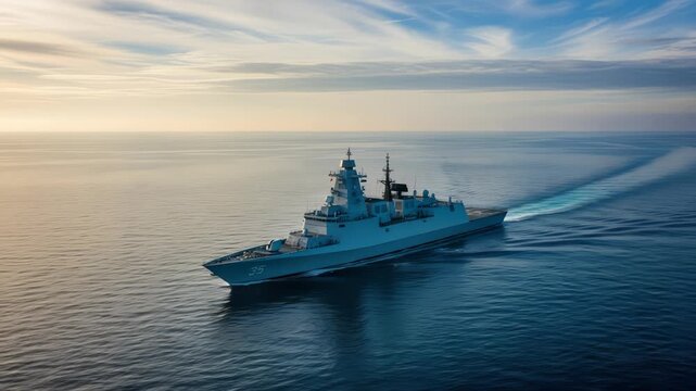 Naval power at dawn: A modern warship cruises through calm waters at sunrise showcasing maritime