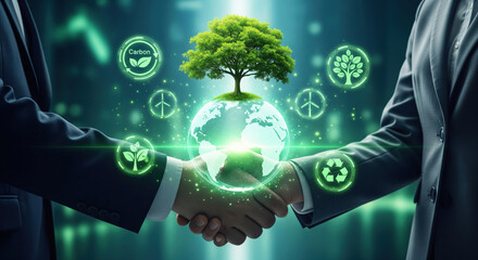 Eco friendly business partnership handshake with green tree on glowing earth, sustainability icons, environmental conservation, renewable energy, and carbon reduction concept