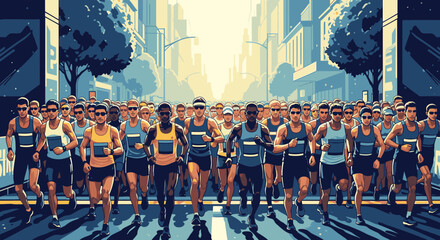 A diverse crowd of determined athletes running a marathon through a sunlit city street in a stylized illustration.